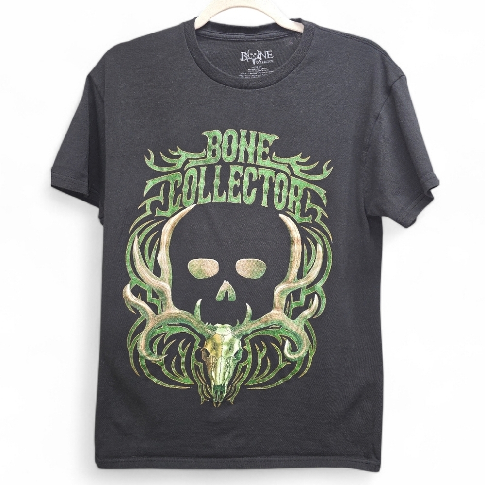 Bone Collector Skull Antler Graphic T-Shirt Medium Black Green Cotton Hunting